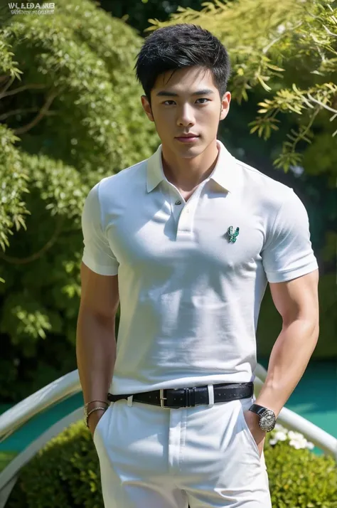 25 year old muscular Asian man, The face looks like that of an Indonesian artist., Bold and cool, Wear a tight white polo shirt., chest visible, Wear black trousers., ((in wonderland)), Pose, Photo model, Very high quality, Very high resolution,