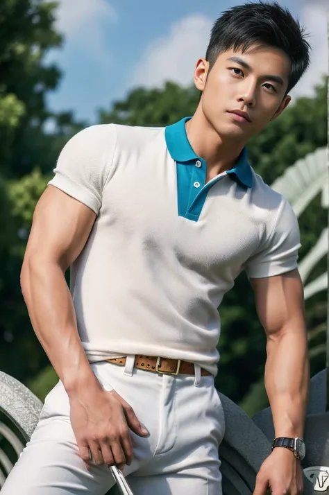 25 year old muscular Asian man, The face looks like that of an Indonesian artist., Bold and cool, Wear a tight white polo shirt., chest visible, Wear black trousers., ((in wonderland)), Pose, Photo model, Very high quality, Very high resolution,