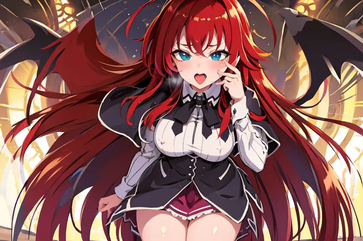 rias gremory lady sucubbus with wings and horns in black leather outfit with red belt and red ribbons on her legs, ahegao, tongu...