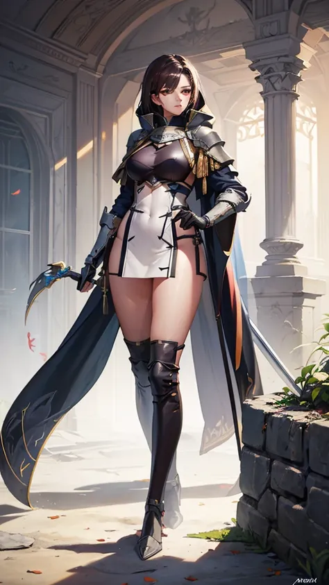 (masterpiece, 4K ,Super detailed:1.2), (anime:1), (Perfect quality), Full body side view, The whole body is shown, View Viewer, Close-up of a figure with a sword and a cloak, Fantasy character design, Female Knight, heroic fantasy character concept, Female...