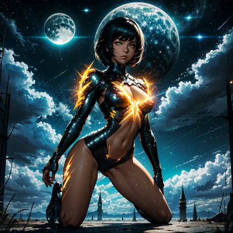 1girl, (solo), bob hair with bangs, black hair, breasts, small size, yellow eyes, tanned skin, nude, lot of cum on sex, full body, very sexy body, detailed face, kneeling, sad, outdoors, tired, exhausted, (night), white moon, moonlight, lightning, clouds, ...