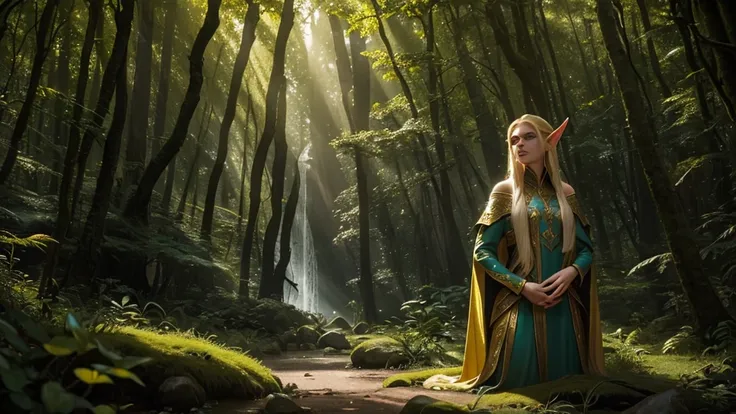 "Elf with a captivating look, unearthly beauty, flowing golden hair, pointed ears, dressed in elaborate elven attire, surrounded by a mystical forest, soft sunlight, breaking through lush greenery."