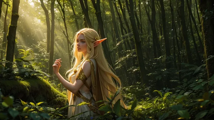 "Elf with a captivating look, unearthly beauty, flowing golden hair, pointed ears, dressed in elaborate elven attire, surrounded by a mystical forest, soft sunlight, breaking through lush greenery."