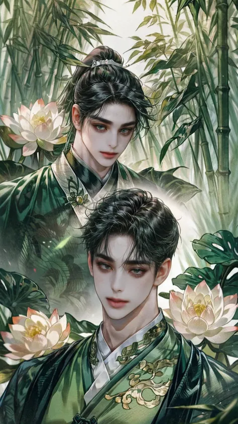 (((best quality))),masterpiece,ultra high resolution,extraordinarily beautiful youth, a bright, innocent smile,All green clothing,((boy 20 year old, green hanfu,green clothing, Chinese shirt style)) ,boy character ,((Thick black long hair)),beautiful face,...