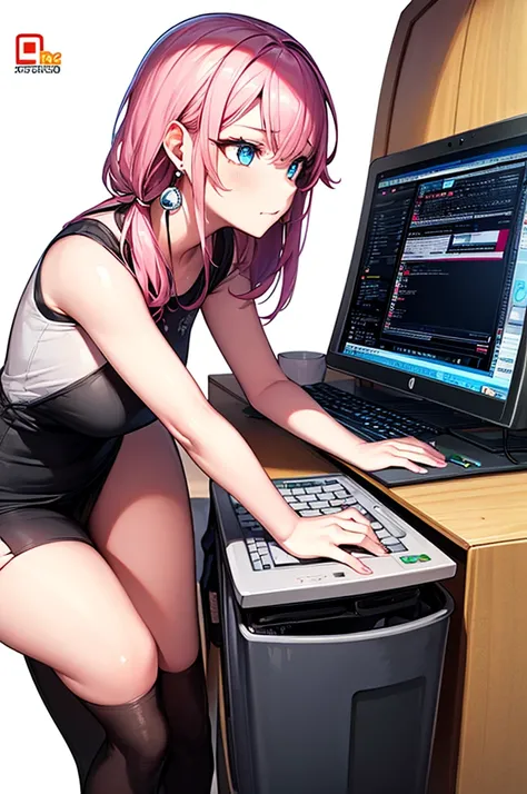 Mika Pikazo, One girl, blue eyes, blue Foodie, computer, Earrings, Food, Foodie, jewelry, keyboard (computer), logo, logo parody, mouse (computer), Variegated eyes, Pink Hair, trash can, alone, White Background, Yellow Eyes, , 