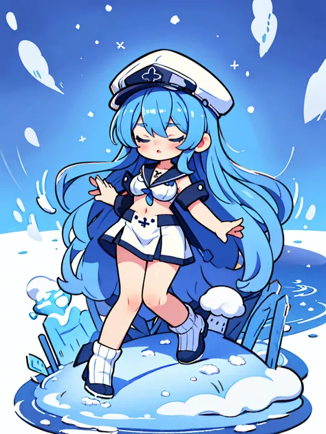 (artwork, best quality) a girl with long blue hair, closed eyes, blue eyelashes, white sailor suit with captains hat, big breasts, perfect body, pretty eyes, nice waist, tattoo, screaming with joy, arms and legs open, lying on a snow floor