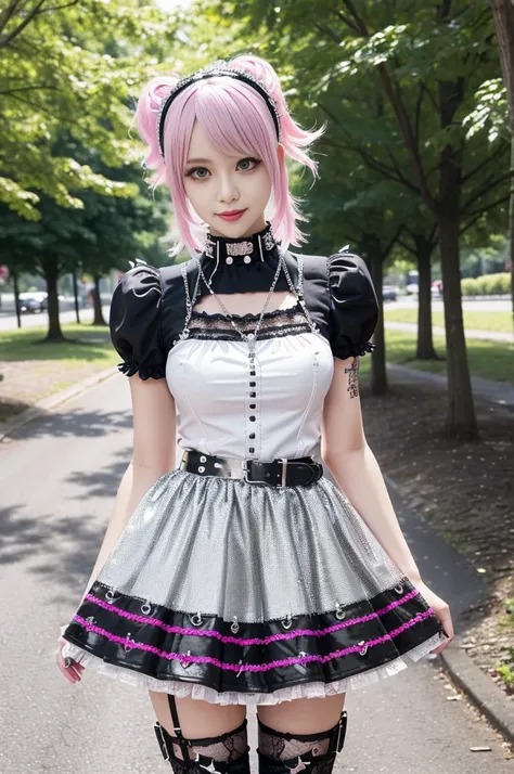 sexy stylish Swedish model, only 1 female, ((doll-like appearance)), short neon pink stylish hair, ((shiny Punk-Style boots)), (beautiful smile), ultra detailed eyes, detailed makeup, lipgloss, ((sexy Punk Lolita cosplay)), unconventional skirt, petticoats...