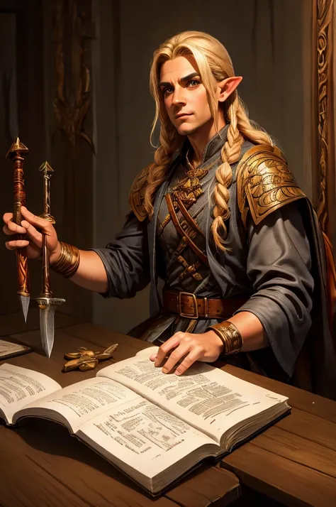 magical bracers, a large curved blade, hair braided, a sword is on the table in front of him, a 40-year-old male elf is sitting ...