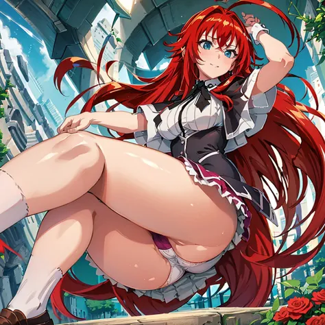 masterpiece, best quality, looking at viewer, closeup portrait, 1girl, solo, smile, rias gremory, standing, long hair, , red hair, ahoge, blue eyes, large breasts, very long hair, breasts, skirt, huge ahoge, socks, (stairs:1.2),ass, kneehighs, looking back...