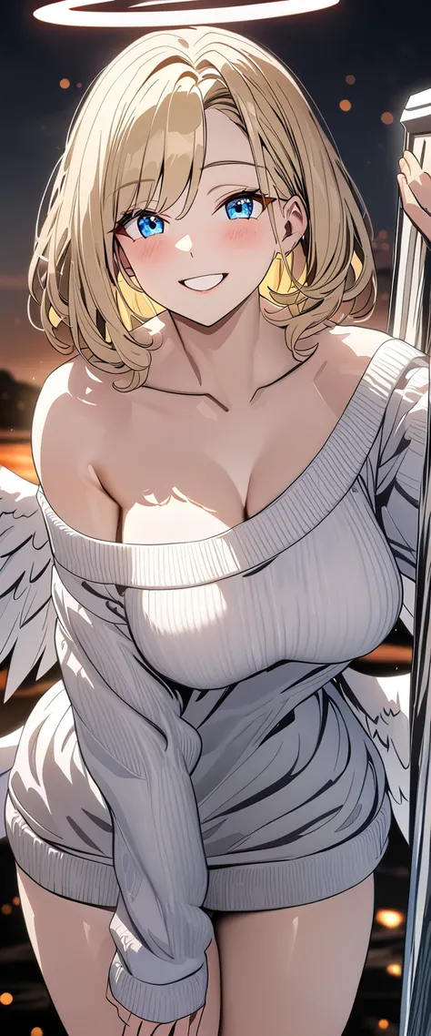 ((flying in the sky)), ((angel, big big white wings:1.3, halo:1.3)), ((sunset)), (((sea, beach))), (((cowboy shot))), archangel Uriel, ((wavy hair, outward curled hair)), evening, ((blond hair, bob cut:1.3)), breasts, teenager, (looking at viewer), oversiz...