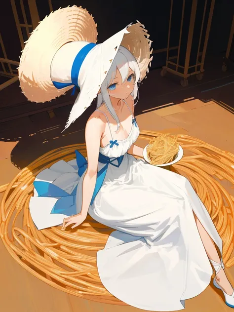 Create a detailed illustration of a girl with shoulder-length white hair and blue eyes, She is wearing a large straw hat and a thin white dress with spaghetti straps.. She is sitting on the floor, I&#39;m a little tired and sweaty because of the heat.. To ...