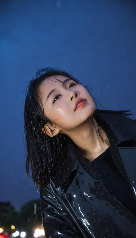 A low angle shot photo of an asian young woman looking at the camera, black coat, night, pouring rain, long raindrops, night sky background