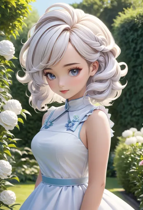 masterpiece, best quality, extremely detailed, girl,whit hair,(((like a soft serve ice cream hair style ))),((A hairstyle in which the hair is rolled up on top of the head )),standing,dress,in the garden