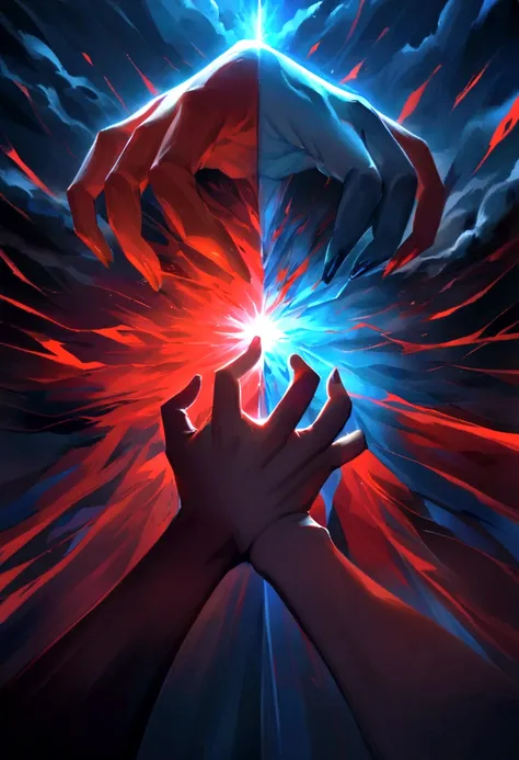 half of the image red and the other half blue, in the middle of the image a hand that symbolizes peoples control, image with aggressive lights