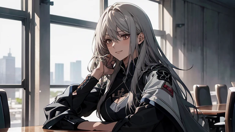 (Confused, High resolution, Very detailed), 1 female, Silver Hair,Long Hair,Reddish brown eyes,Blue and black pilot suit,24th generation,beauty,mature,thin,quiet,Calm,sit cross-legged at a table in a conference room,Busy,seems to be happy,White long cloak,