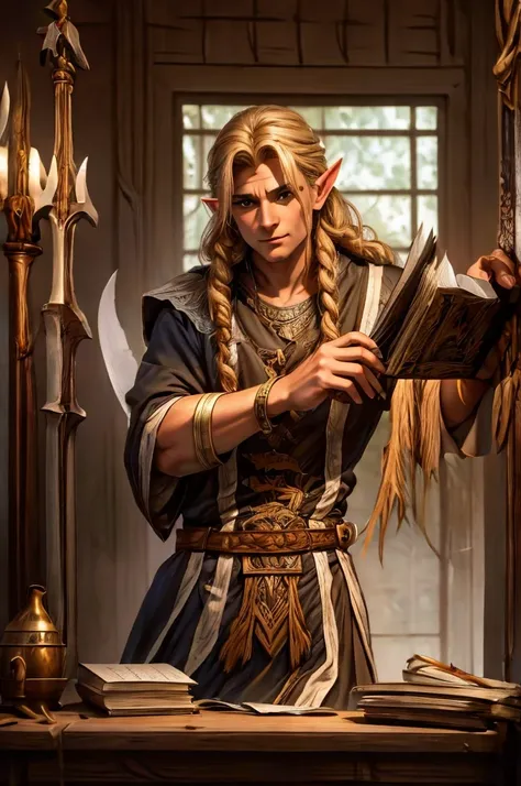 magical bracers, a large curved blade, hair braided, a sword is on the table in front of him, a 40-year-old male elf is sitting ...