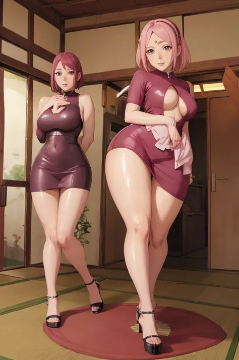 Sakura Haruno from Naruto Shippuden, (exposed leg dress), wide hip, muslos grandes, big-ass, tight dress, sexly