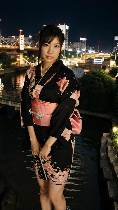 osaka city reference, city street with a river and a bridge at night and cruiser ship at middle of river, japanese city at night, japanese neon signs, japan at night, japanese city, glowing light, Bird eye view: A woman looking at the river、Yukata、