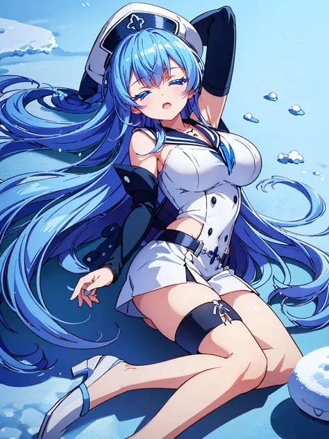 (artwork, best quality) a girl with long blue hair, closed eyes, blue eyelashes, white sailor suit with captains hat, big breasts, perfect body, pretty eyes, good waist, tattoo, screaming with joy, arms and legs open, lying in the snow