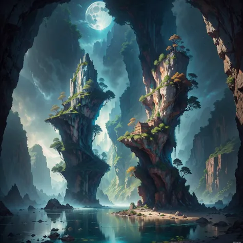 there is a large waterfall in the middle of a mountain, ancient city, epic matte painting of an island, the lost city of atlantis, an aztec city in a island lake, ancient city landscape, lost city of atlantis, marc simonetti. intricate, beautiful concept a...