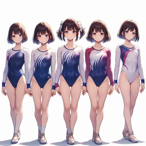 gymnastics club,(4 girls:1.3),(long sleeves leotard:1.3),full body, bob cuts hair, long hair, (over 16 years old, under 19 years...