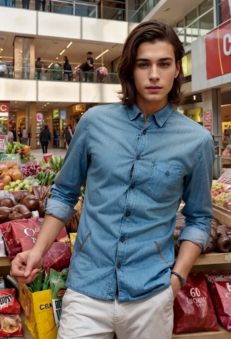 Young handsome slim brunette man taking selfie realistic 8k, in a shopping center, high quality background