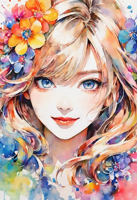 beautiful woman portrait, cute smile, upper body, sylvia pelissero watercolors, colorful flowers、beautiful eyes、 abstract art, i...