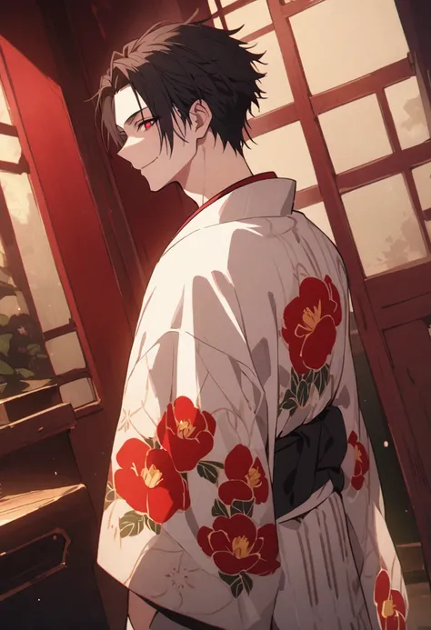 ((red eyes))、引きつけるred eyes、smile、crimson eyes、beautiful man、1 person、neutral、black hair、(red eyes)、kimono with camellia pattern、...