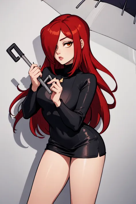 masterpiece, high quality, best quality, high resolution, volumetric light, vibrant colors, fantasy, art book, anime coloring, CG, parasoul, 1girl, solo, long red hair, black clothes, holding umbrella, 1 long umbrella, in combat, movement, very short dress...