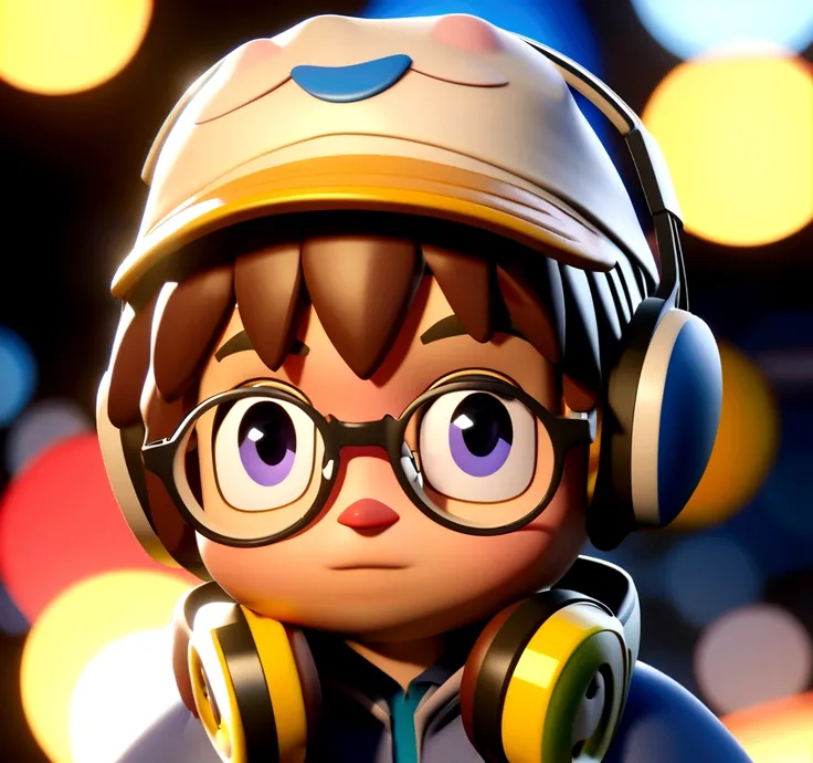 Cartoon character of a brunette boy in a cap, glasses and headphones around the neck, blinking, animation character, stylized character, animation style rendering, 3d stylized, Arnold Maya rendering, Stylized 3D rendering, toon render screenshot, 3d charac...