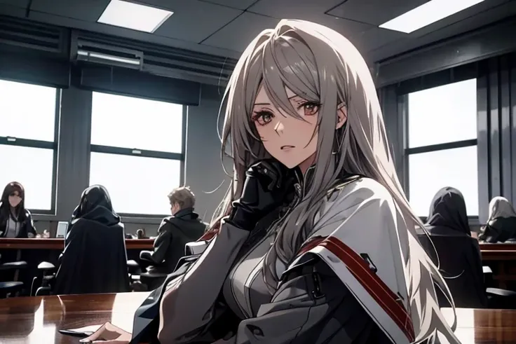 (Confused, High resolution, Very detailed), 1 female, Silver Hair,Long Hair,Reddish brown eyes,Blue and black pilot suit,24th generation,beauty,mature,thin,quiet,Calm,Sit at a conference room table,While talking,While thinking,White long cloak,