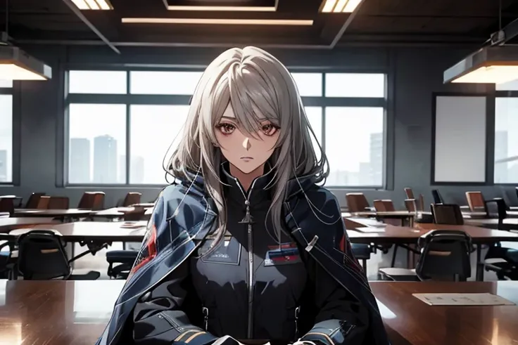 (Confused, High resolution, Very detailed), 1 female, Silver Hair,Long Hair,Reddish brown eyes,Blue and black pilot suit,24th generation,beauty,mature,thin,quiet,Calm,Sit at a conference room table,While talking,While thinking,White long cloak,