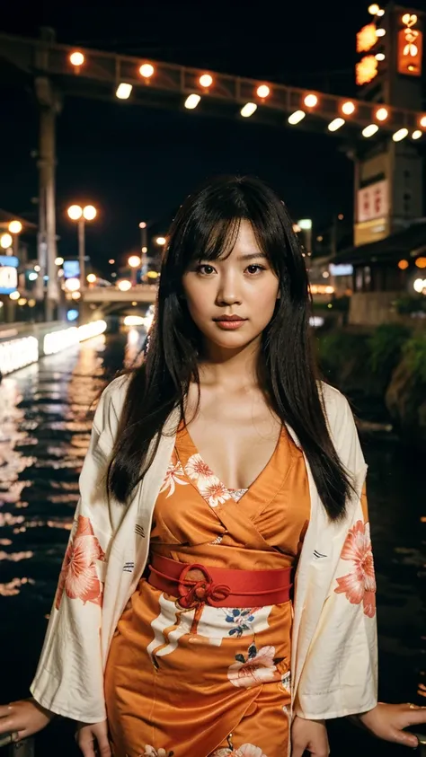 osaka city reference, city street with a river and a bridge at night and cruiser ship at middle of river, japanese city at night, japanese neon signs, japan at night, japanese city, glowing light, Bird eye view: A woman looking at the river、yukata、young wo...