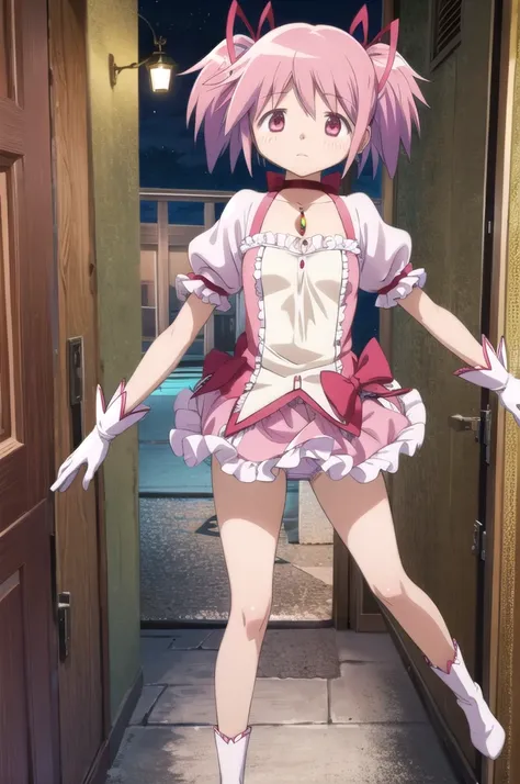 one girl, alone, masterpiece, highest quality,
        gloves, mahou shoujo madoka magica, madoka kaname, madoka kaname, pink ey...