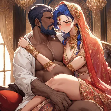 ((Highest quality)), ((masterpiece)), (detailed), （Perfect Face）、The naked man and the woman are having intense, insemination sex and making love, and the woman embraces the man, hugging him and accepting his dick into her pussy.、The woman is a Hindu India...