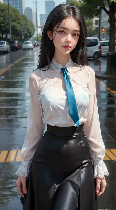 ((best quality, 8K, masterpiece: 1.3)),upper body,Black Hair, black eye,sharp focus: 1.2, beautiful woman with a perfect body: 1.4, ((Medium Hair, large: 1.2)), (small and beautiful hard (White long sleeve blouse with lace、Silk Tight dark turquoise long sk...