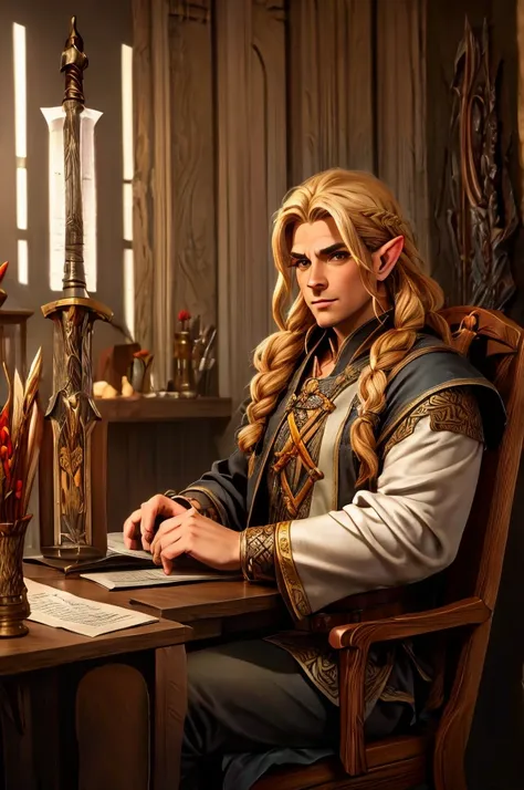 magical bracers, a large curved blade, hair braided, a sword on the wall behind him, a 40-year-old male elf is sitting behind a ...