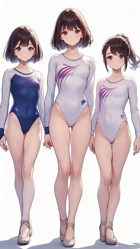 Gymnastics club,(3 girls:1.3),(long sleeves leotard:1.3),full body, bob cuts hair, long hair, (over 16 years old, under 19 years old:1.2), ballet shoes, white background
