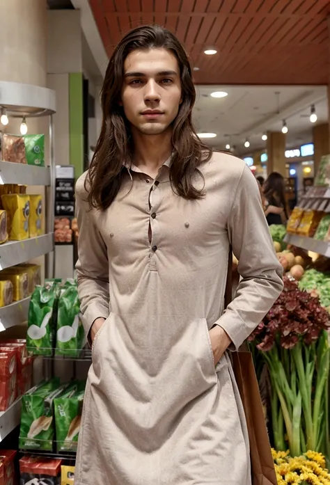 Young handsome slim brunette man taking selfie realistic 8k, in a shopping center, high quality background