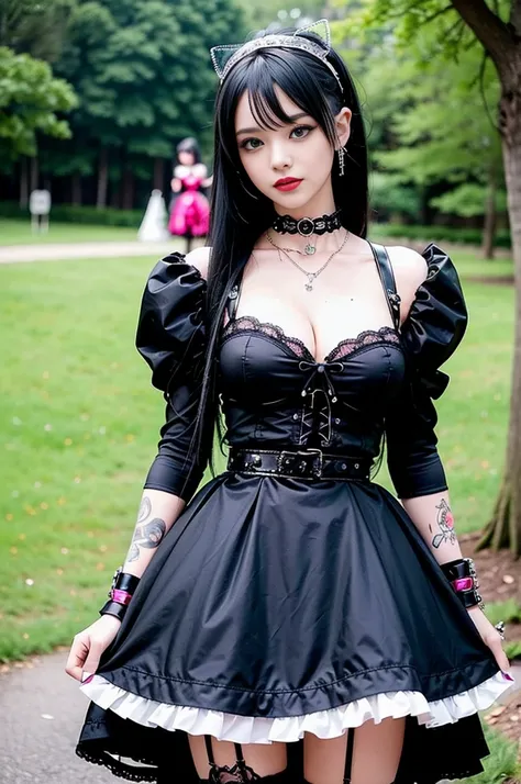 sexy stylish female model, only 1 female, ((doll-like appearance)), long dramatic stylish hair, ((shiny Punk-Style boots)), (big smile), ultra detailed eyes, Punk makeup, lip-gloss, ((sexy Punk Lolita cosplay)), unconventional skirt, petticoats, high neckl...