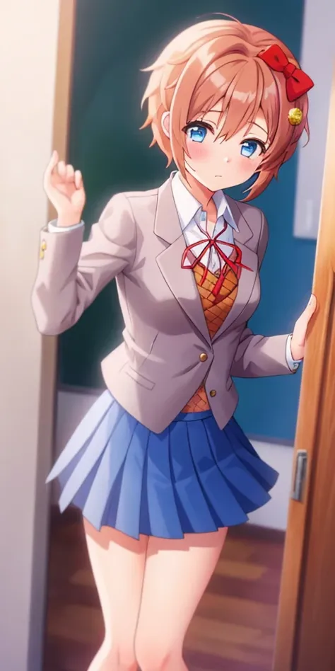 one girl, Sayori, DDLC, school blazer, hair bow, close to girl, too gentle, blue eyes, beautiful, skirt, cowboy shot, clumsy girl