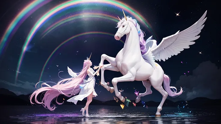 Draw two white horses with wings in purple sky, unicorns, With wings)ethereal rainbows, Rainbow reflections, Rainbow reflections, Rainbow reflections, pegasus, In a mysterious scene, unicorn, Magical and mysterious, heaven on earth, author：Caroline Chariot...