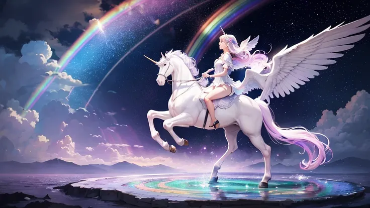 Draw two white horses with wings in purple sky, unicorns, With wings)ethereal rainbows, Rainbow reflections, Rainbow reflections, Rainbow reflections, pegasus, In a mysterious scene, unicorn, Magical and mysterious, heaven on earth, author：Caroline Chariot...