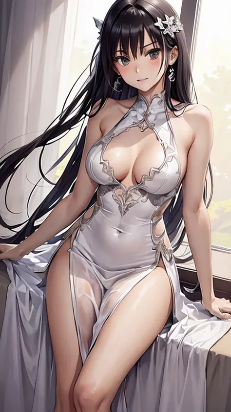 (Highest quality:1.2、Very detailed、up to date、vivid、Ultra-high resolution、High contrast、masterpiece:1.2、Highest quality、Best aesthetics)、Beautiful girl、Perfect body、blush、Closed lipakeup、((Beautiful breasts、tall、Slender Body、Small breasts))、Long silver hai...