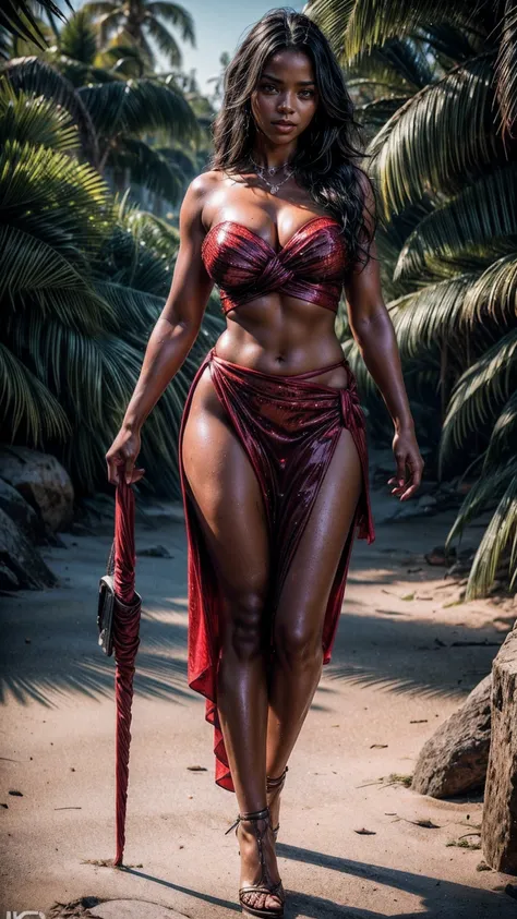 sexy hot dark skinned big sexy ass , in sexy tight hot sexy tight knot red sequined see through wet side slit long skirt ,sexy strapless cleavage stomach showing sexy red sequined wet top,wet body and sexy heels,wet body, ,on the beach,,full body view shar...