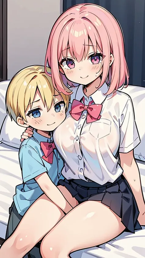 masterpiece, Highest quality, so beautiful, Absurd,High resolution,One girl, ((((One boy)))),Cuddling in bed, like,sexy,Look at each one, blush,Age difference,bow tie,Blonde,chest,Long Hair,Pink Hair,pleated skirt,Tucked in shirt,short hair,skirt,smile,Ten...