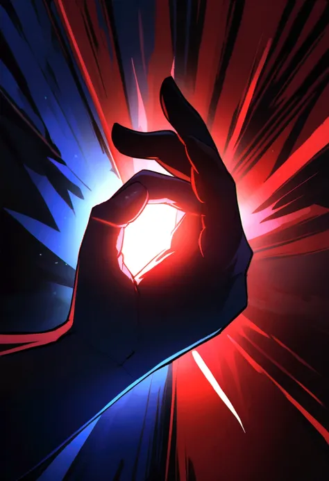 half of the image red and the other half blue, in the middle of the image a hand that symbolizes control, image with aggressive lights