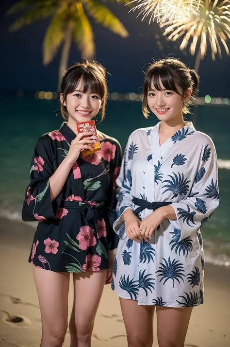 2 girls in beach at night,long-sleeved yukata,fireworks,18-year-old,bangs,a little smile,thighs,knees,short hair with low pigtails bunches,from below,front light