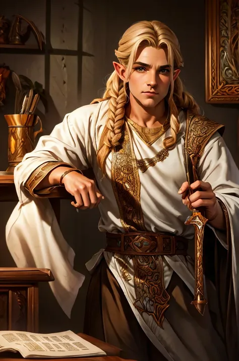 magical bracers, a large curved blade, hair braided, a sword on the wall behind him, a 40-year-old male elf is sitting behind a ...