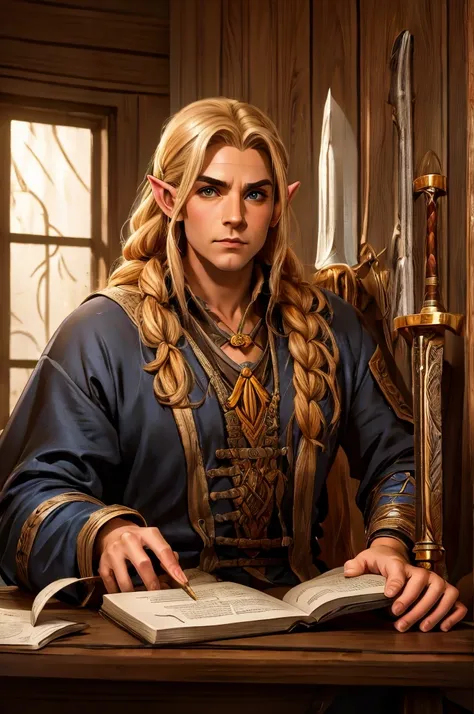 magical bracers, a large curved blade, hair braided, a sword on the wall behind him, a 40-year-old male elf is sitting behind a ...